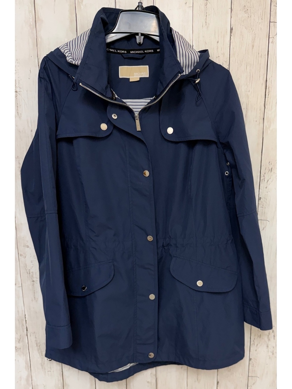 Michael Kors Women's Navy Blue Hooded Rain Coat Jacket Large